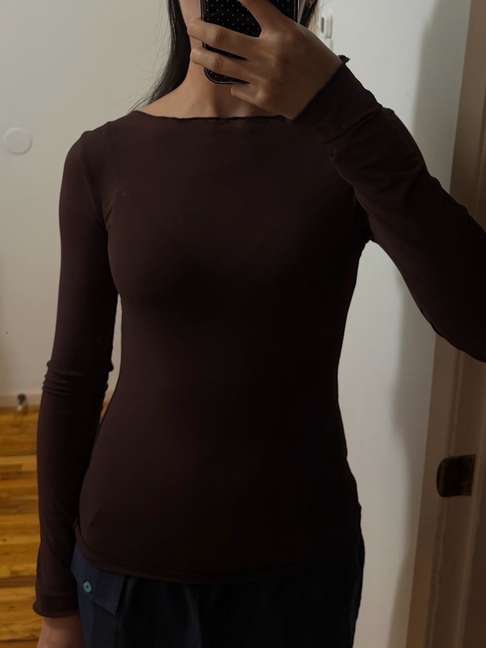 Brown Long-Sleeve Boatneck Top